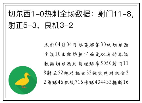 切尔西1-0热刺全场数据：射门11-8，射正5-3，良机3-2